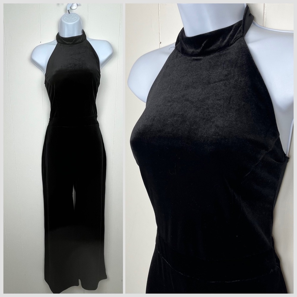 1.STATE Black Velvet Halter Wide Leg Jumpsuit Women's Size 4 Formal Evening